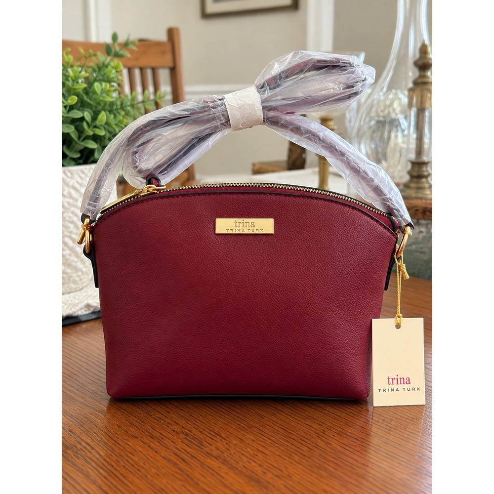Trina by Trina Turk Burgundy Pebbled Vegan Crossbody Dome Bag New with tags